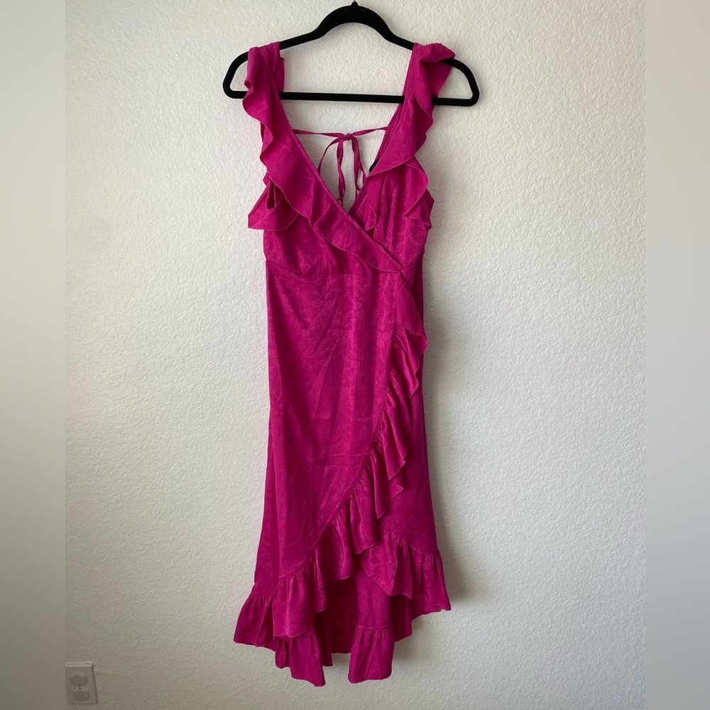 TOPSHOP Hot Pink Floral Jacquard Ruffle Trim Wrap V-Neck Midi Maxi Dress 4